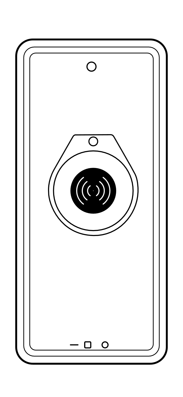 TapTag positioned against the NFC reader on the back of an Android phone; exact position varies by model