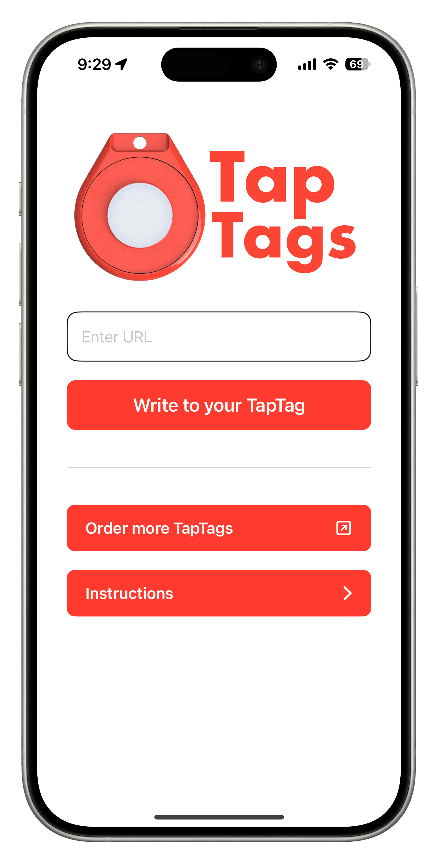 TapTags iPhone app with a URL field and Write to your TapTag button