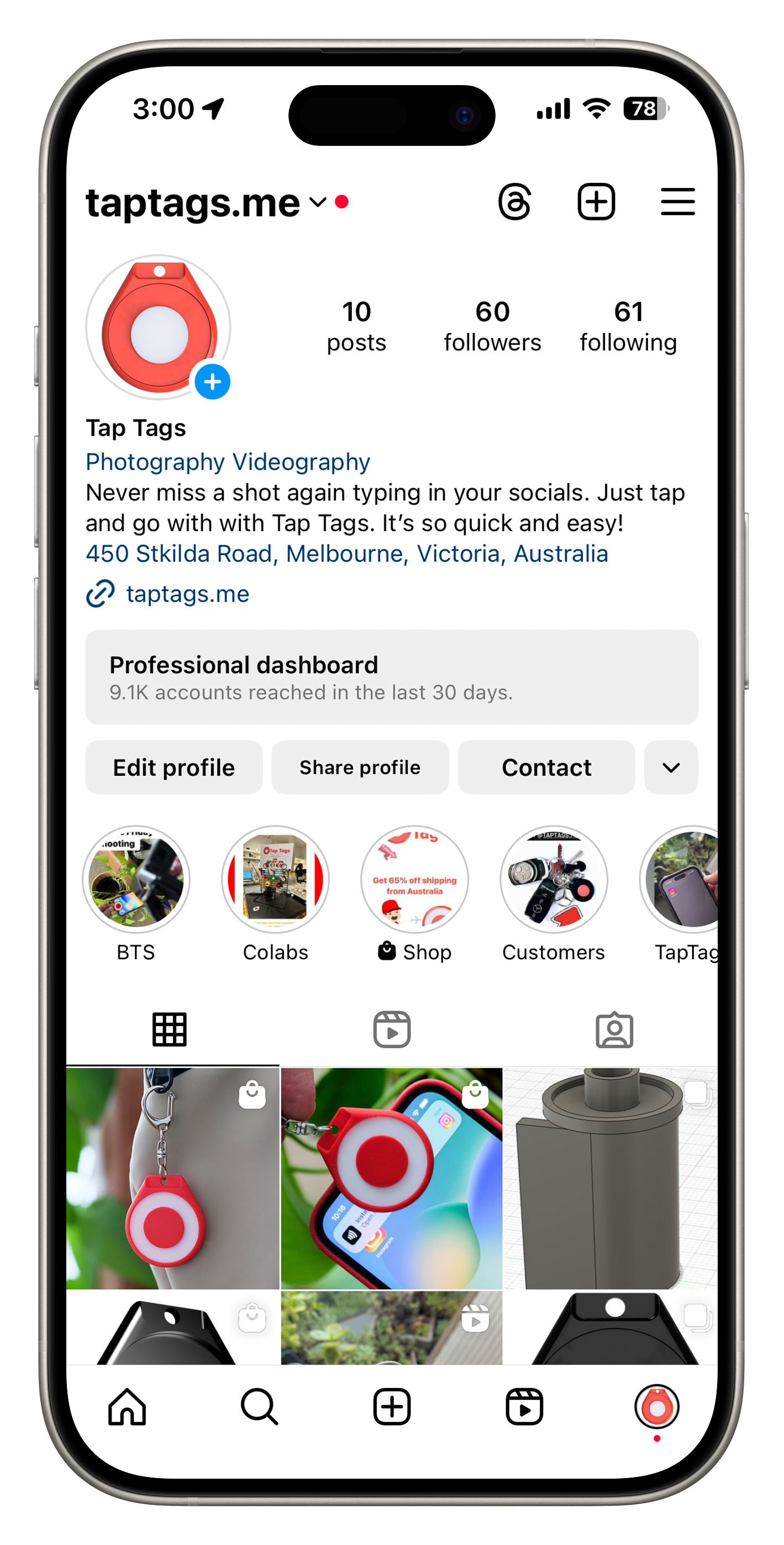 The TapTags Instagram profile open on a phone