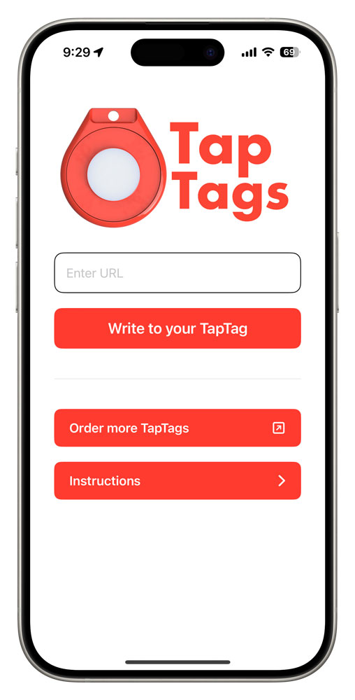 The TapTags iPhone app, ready to save your link to your TapTag
